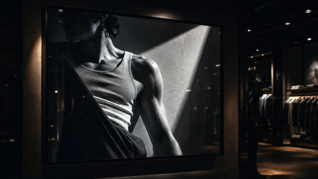 Black and white fashion advertising photograph displayed inside a dark clothing store, showing retail marketing, branding, style, and visual merchandising