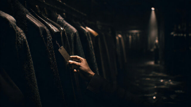Shopper checking a blank price tag on dark clothing inside a dim fashion store, showing retail shopping, pricing, consumer choice, and apparel sales