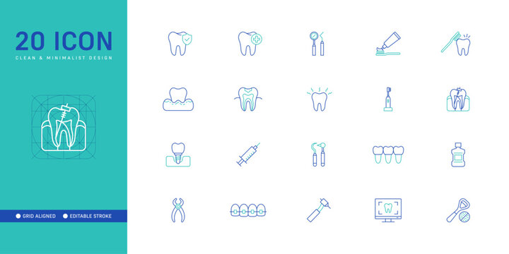 Dental Care, Two Color Line Icon Set - Editable Stroke Vector Design