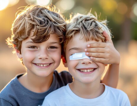 Two cheerful little brothers smiling outdoors while one covers his friend eye with bandage
