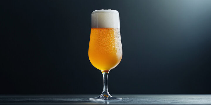 Fresh cold beer in a large glass with golden liquid and white foam head on a dark background studio lighting macro shot commercial photography product display concept design advertising banner poster