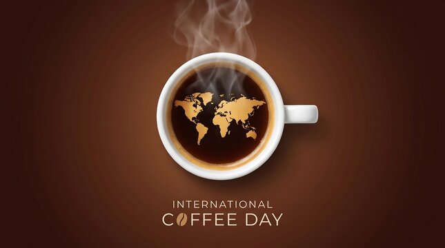 Top view of a white coffee cup with a world map shape inside on a brown background