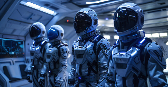 Futuristic space squad in protective armored suits stand inside a sleek spacecraft cabin, ready for exploration and adventure in a high tech sci fi universe with glowing lights and cinematic atmospher