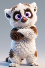 Fototapeta premium Cute cartoon lemur with fluffy fur and big purple eyes stands with arms crossed. Adorable animal character has a playful and curious expression. Perfect for children illustrations and design projects.