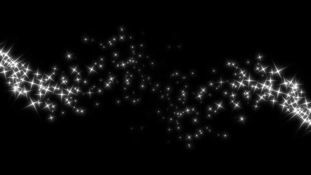 Magic light stars line effect, 2d glitter stars line animation, magic dust and pixie dust path, white glowing fairy sparkle, on black screen, overlay for festive videos. 4k twinkling glowing star