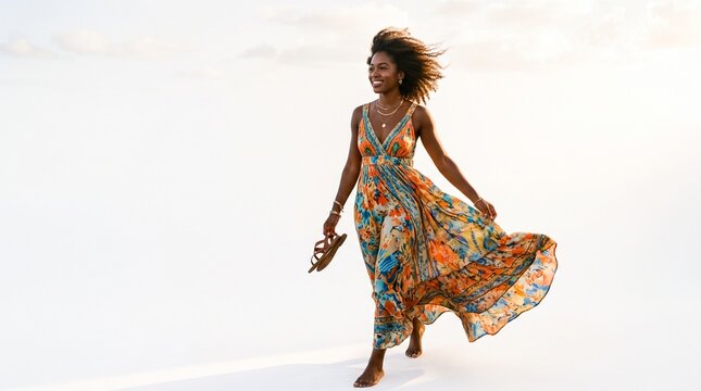 A joyful woman in a vibrant floral maxi dress walking barefoot across a bright sandy landscape