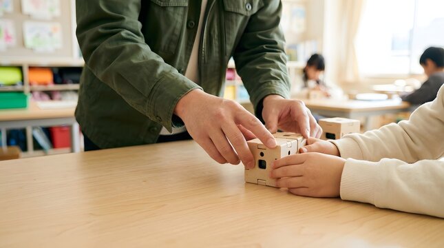 Elementary teacher helping child build educational toy robot at desk in classroom