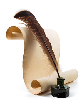 A quill rests in a green ink pot next to a scroll of parchment. Quill and ink on parchment create a classic writing setup in a simple arrangement on a white background
