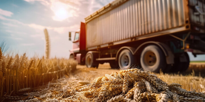 A large agricultural truck loading wheat grain harvest in a sunny rural field during autumn season operation professional farming machinery vehicle transporting crops agricultural industry landscape p