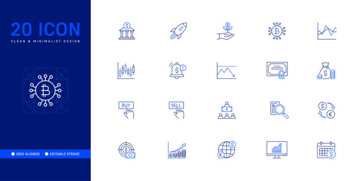 Investment, Stocks and Trading. Dual Tone Line Icon Set - Editable Stroke Vector Design