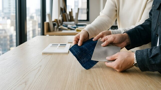 Interior designers comparing fabric and material swatches over wooden table by window in studio