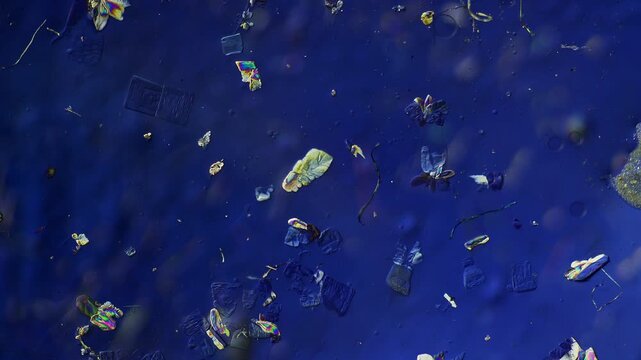Polarized light microscopy PLM 5x fast motion footage of rapid crystal growth and spherulite habit formation from oversaturated solution showing colorful interference front propagation