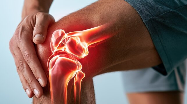 Close-up of a man's knee showing red inflamed joint, highlighted skeletal structure, concept of arthritis and joint pain relief.