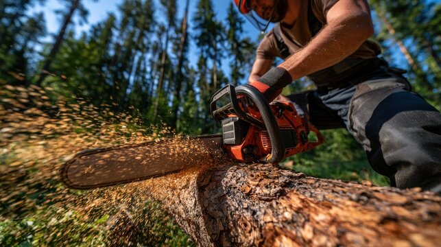 Logger using a chainsaw in a forest, producing energetic sawdust spray, showcasing safety gear and wood texture. Ideal for forestry and safety concepts.