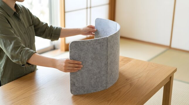 Asian woman setting up grey folding desk partition divider on wooden table at home
