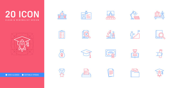 Graduation and Academic Studies, Dual Tone Line Icon Set - Editable Stroke Vector Design