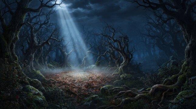 Spooky Halloween haunted forest illustration with magical moonlight shining through bare trees