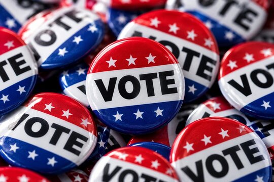 Pile of i vote political campaign buttons on dark surface with vote button