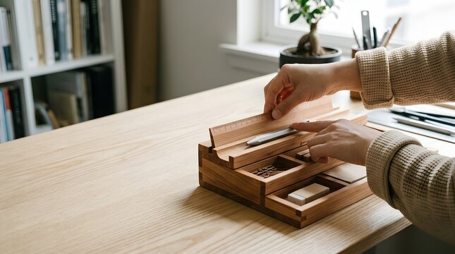 Person organizing stationery into wooden tiered desk organizer on bright office table