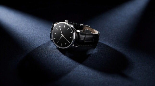 Luxury watch rests on dark fabric under dramatic spotlight. Black dial with silver hands and leather strap creates elegant shadow play. Minimalist accessory perfect for ads.