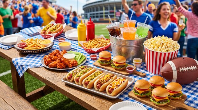 Game day tailgate party with a delicious spread of classic American snacks and stadium food