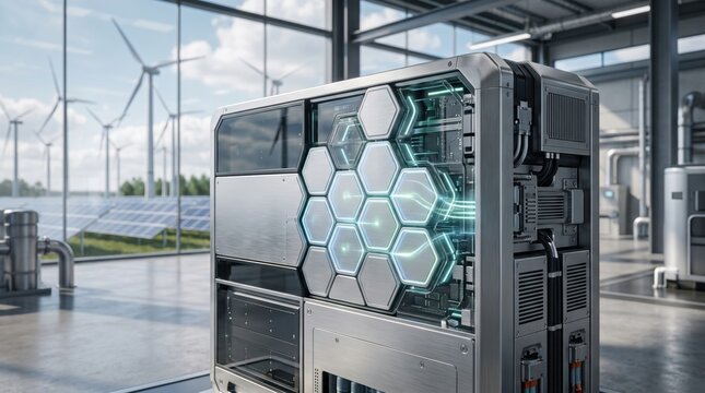 Advanced Green Energy Storage Battery System with Hexagonal Interface and Wind Turbine Solar Farm