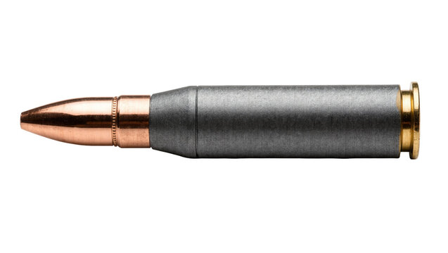 Single metallic bullet with copper tip and brass casing, isolated on transparent background