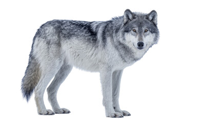 Gray wolf standing alertly, isolated on transparent background © Mira