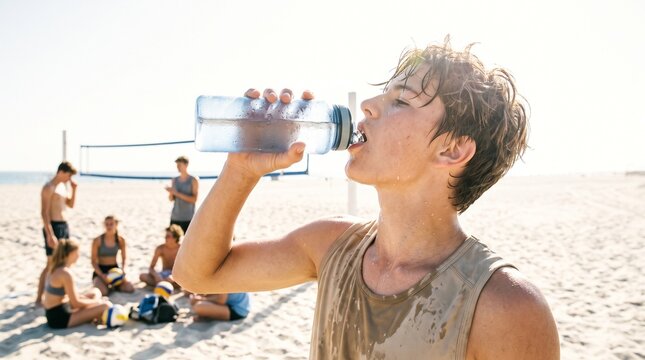 A young athlete drinking refreshing water after a competitive volleyball match on the beach