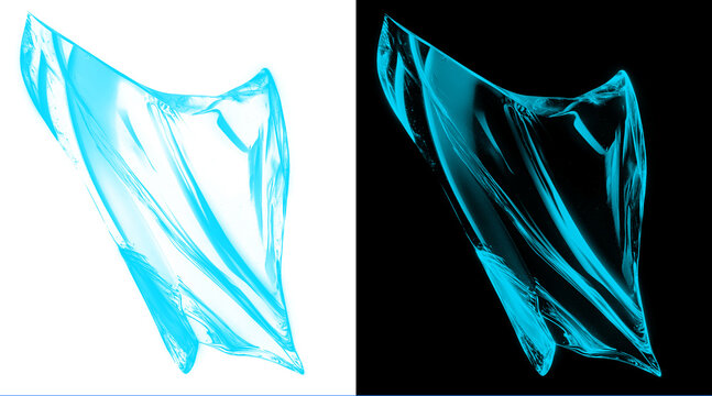Abstract blue plastic wrap texture, crumpled cellophane film overlay, transparent polyethylene sheet on black and white background
