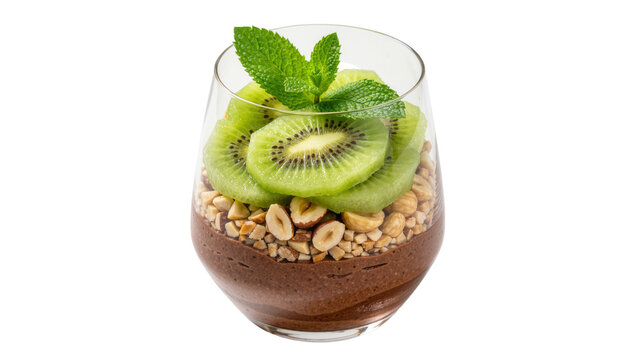 Chocolate mousse dessert with kiwi slices hazelnuts and mint leaves, isolated on transparent background