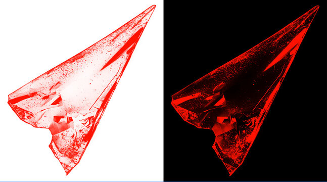 Crystalline red arrowhead illustration, sharp ruby glass shard on white and black background, geometric mineral crystal spearhead design