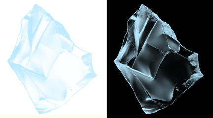 Crystalline ice block illustration, frozen blue water fragment on white and black backgrounds, translucent glass shard with sharp edges © Ali