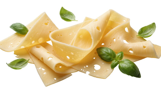 Thinly sliced Swiss cheese with holes and fresh green basil leaves, isolated on transparent background