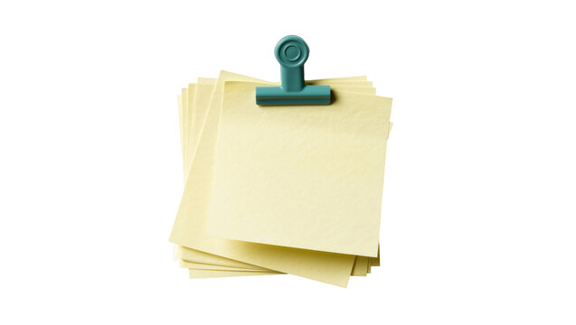 Stack of yellow sticky notes held by a teal binder clip, isolated on transparent background
