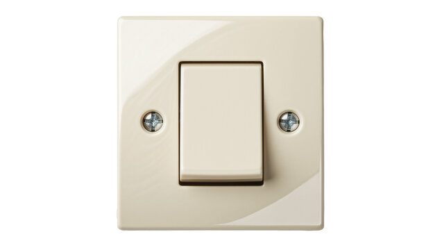 Cream plastic light switch with silver screws, isolated on transparent background