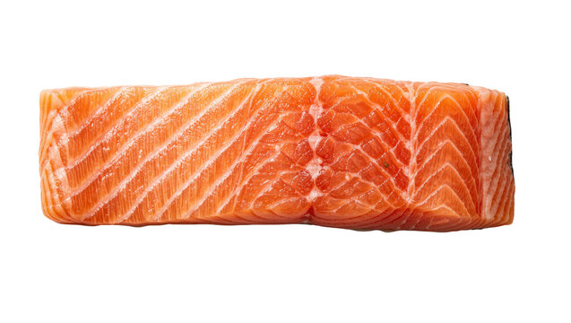 Fresh raw salmon fillet with visible white fat lines, isolated on transparent background