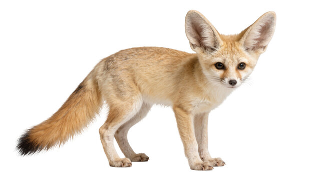 Fennec fox with large ears standing, isolated on transparent background