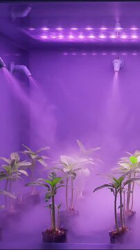Aeroponics system misting young green seedlings inside industrial vertical farming grow chamber