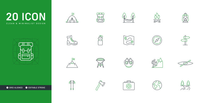Camping, Outdoor Adventure, and Hiking, Dual Tone Line Icon Set - Editable Stroke Vector Design