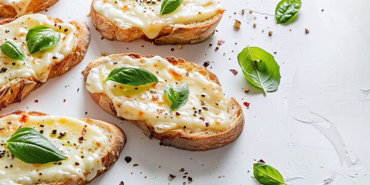 Delicious pieces of toasted bread topped with melted cheese, fresh green basil leaves, and aromatic pepper spices arranged nicely on a clean white surface ready for a tasty meal or snack anytime