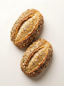 Two fresh multigrain bread rolls with seeds on top