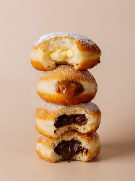 Stack of delicious fried donuts with various sweet cream and chocolate fillings
