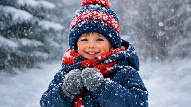 Happy boy smiling in a knit hat and scarf during snowfall in a winter forest