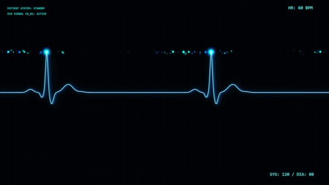 Medical monitor screen showing a heart rate ecg signal with a steady heartbeat, patient vitals, and digital data overlay in a dark clinical environment