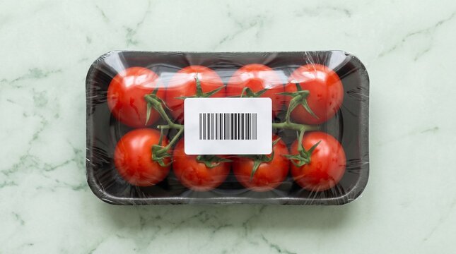 Fresh vine tomatoes in plastic packaging with barcode label on marble background