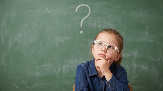 Young student thinking with question mark on chalkboard background for educational marketing concepts