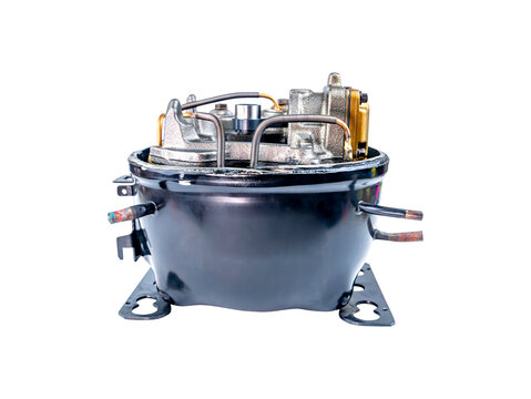 Refrigeration unit motor-compressor (isolated/no background). Disassembled refrigerator motor-compressor. Repairing a refrigerator or air conditioner. Mockup placement. PNG background image.
