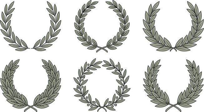 Vintage Laurel Wreath Icon Set with Engraved Green Olive Branch Elements for Premium Heraldry Logos, Luxury Branding Designs, and Academic Achievement Certifications