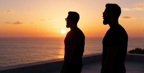 Fototapeta premium Silhouette of two men standing on terrace balcony at sunset. Male friends watch orange sun sink into sea ocean. Peaceful evening view with dramatic sky, clouds, calm water. Men enjoy summer vacation,